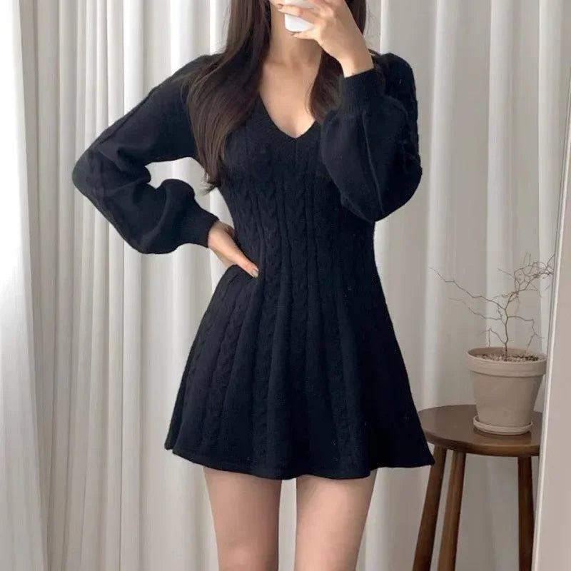 QQPretty~ Autumn/Winter Long Sleeve Waist-Fitted V-Neck Knit Dress Women's Sweater Mini