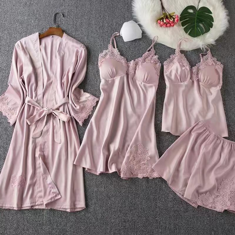 QQPretty~  Sexy Four-piece Lace Ice Silk Thin With Shoulder-straps Nightdress