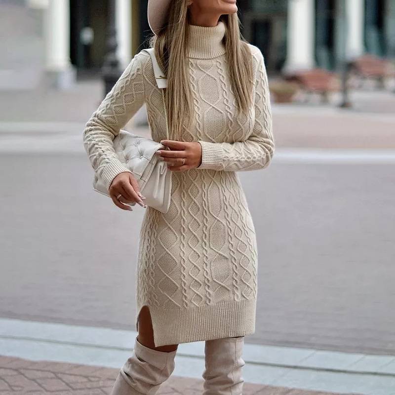 QQPretty~ Fashion Turtleneck Knitted Dress With Slit Design Winter Warm Solid Color Pullover Long Sweater Women's Clothing