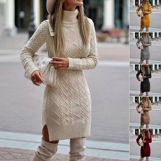 QQPretty~ Fashion Turtleneck Knitted Dress With Slit Design Winter Warm Solid Color Pullover Long Sweater Women's Clothing