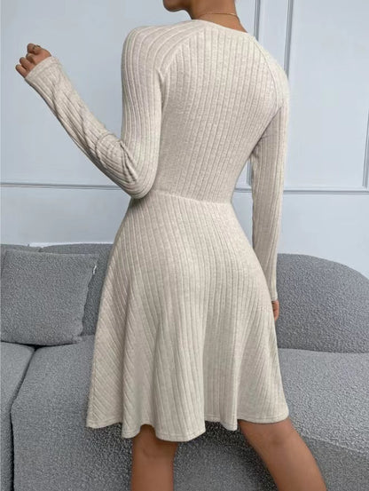 QQPretty~ Fall Slim Fit Sunken Stripe Long Sleeve Fleece Dress